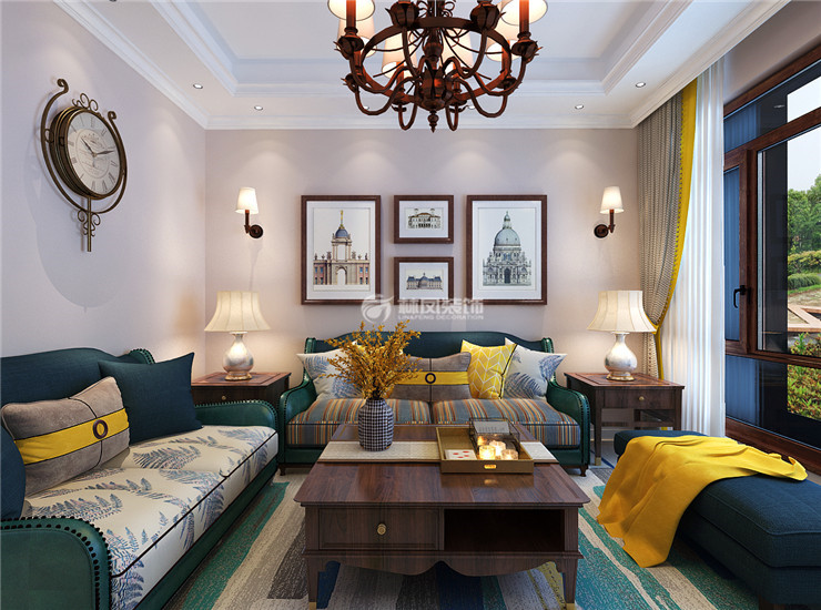 萬科翡翠四季127㎡美式風(fēng)格客廳裝修效果圖
