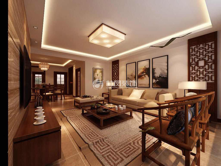 中式屏風造型沙發(fā)背景墻裝修效果圖